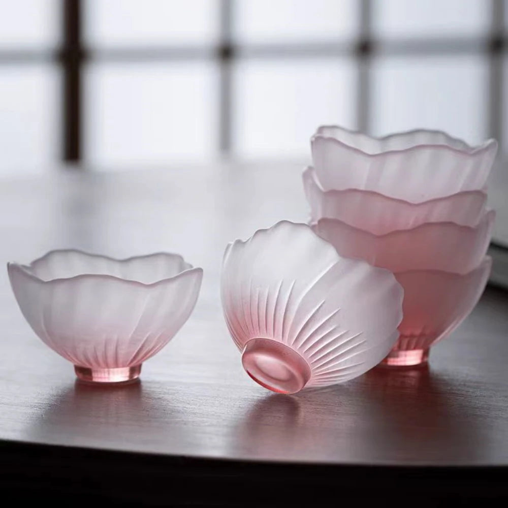 4 Pieces Glazed Glass Frosted Pink Sakura Japanese Teacup, Pink Glazed Lady, Household Flower Teacup, Tea Cup, Petal Cup
