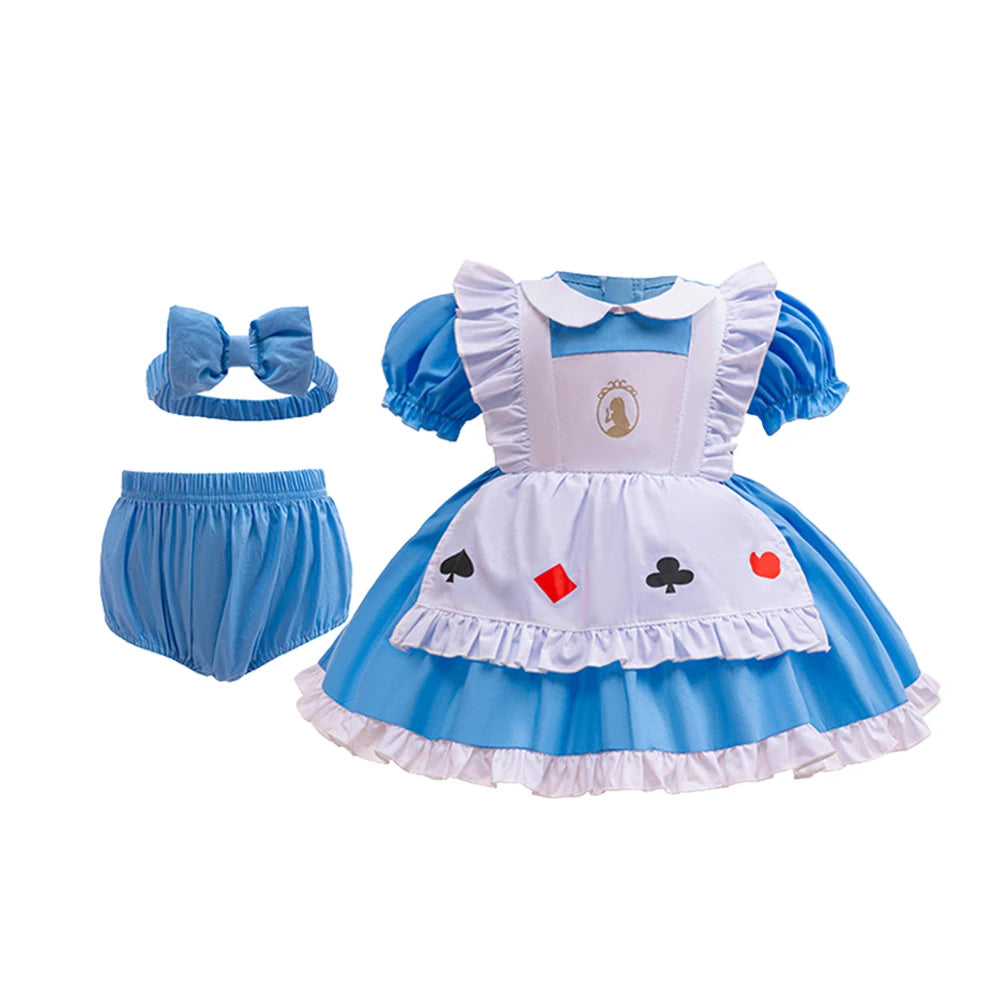 Boutique 3PCS Baby Girls Princess Dress Shorts Bow Headwear 1st 2nd Birthday Party Infant Clothing Set Halloween Alice Costume