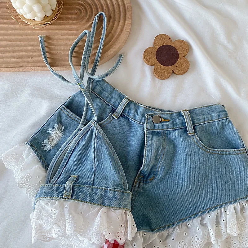 Teenage Children's Girls Summer Jeans Clothes Sets 2pcs Denim Suspenders+Shorts Beach Outfits 4 6 7 8 9 10 11 12 13 14 Years