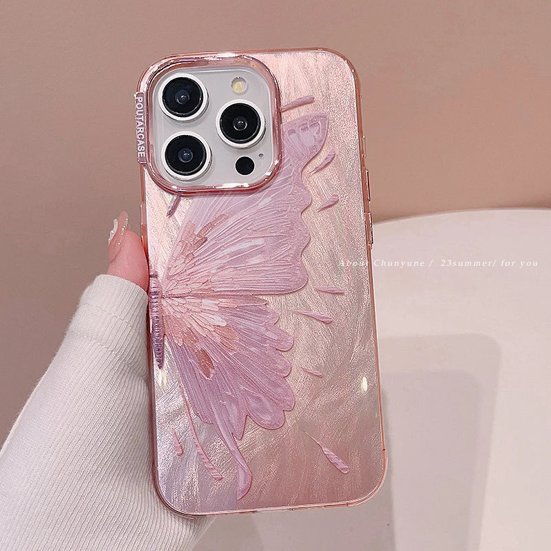 Luxury Pink Butterfly Laser Glitter Phone Case For iPhone 11 12 13 14 15 16 Pro Max Plus Pro Max Fashion Shockproof Bumper Cover