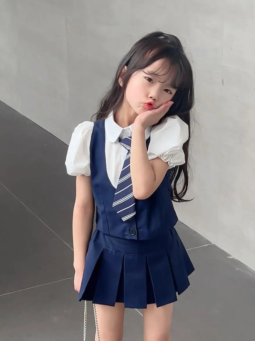 Summer Girls 2 Pcs clothes Set Baby Blouse+Pleated Skirt Kid suit Children Clothing Toddler Suit Fashion Preppy outfits Tie 2-10