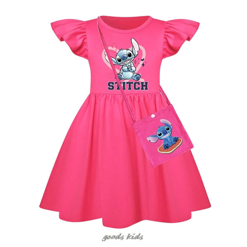 Hot Lilo And Stitch Flying Sleeve Girls Colorful Dress And Bag Summer Kids Party Dresses Children Clothing Vestidos Outfits