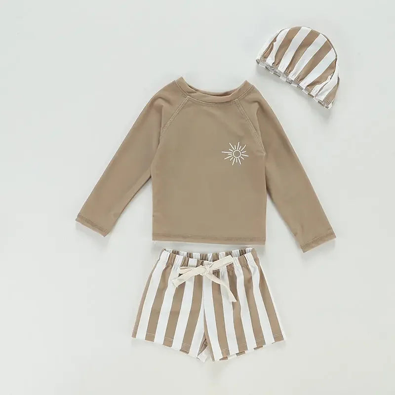 Baby Boys Swimming Wear Spell Color Long Sleeve Swimsuit + Shorts 2pcs Suit Children Quick Drying Swimwear