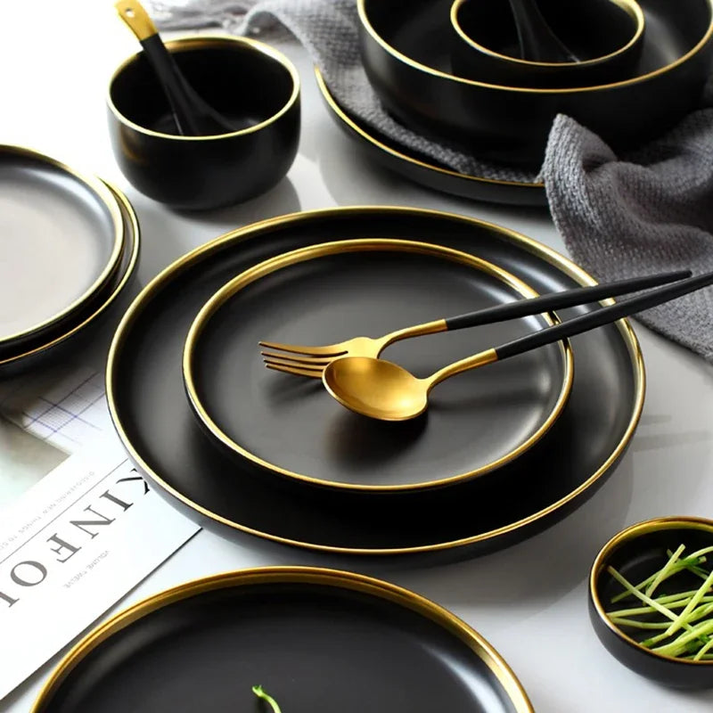 Porcelain Dinner Plates Dishes Plates and Bowls Set Black Tableware Set Food Plate Salad Soup Bowl Dinnerware Set for Restaurant