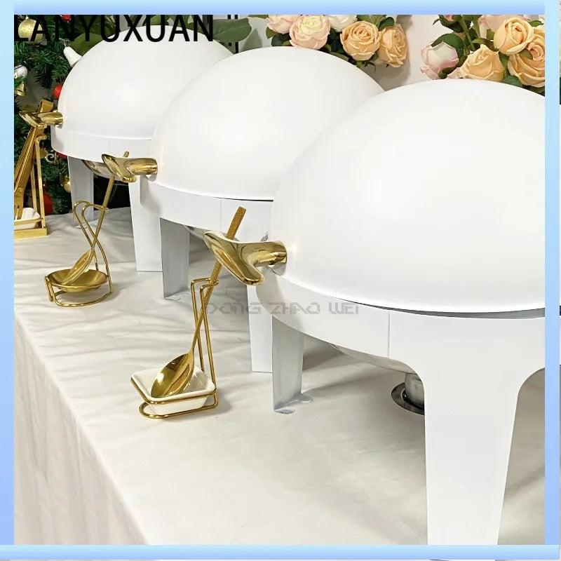 Luxury Top Selling White 6L Stainless Steel Chafing Dish Round Food Warmer Metal Cheffing Stove Chafer for Hotel Buffet Party
