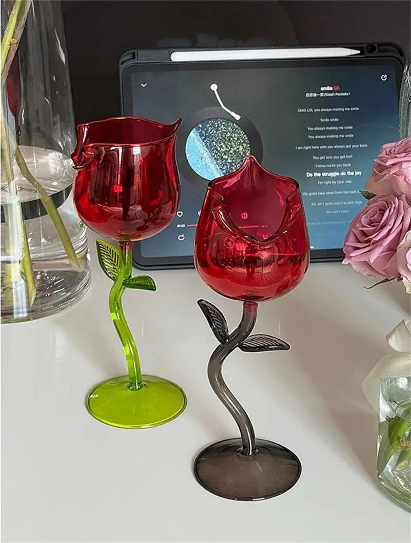 Rose Shape Transparent Glass with Transparent Leaf Cocktail Glass Valentine's Wedding Table Decoration Gift Wine Cup