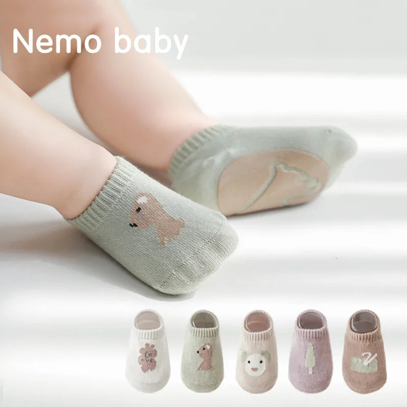 5Pairs/lot 2024 New 0-5Years Anti-slip Non Skid Ankle Socks With Grips For Baby Toddler Kids Boys Girls All Seasons Cotton Socks