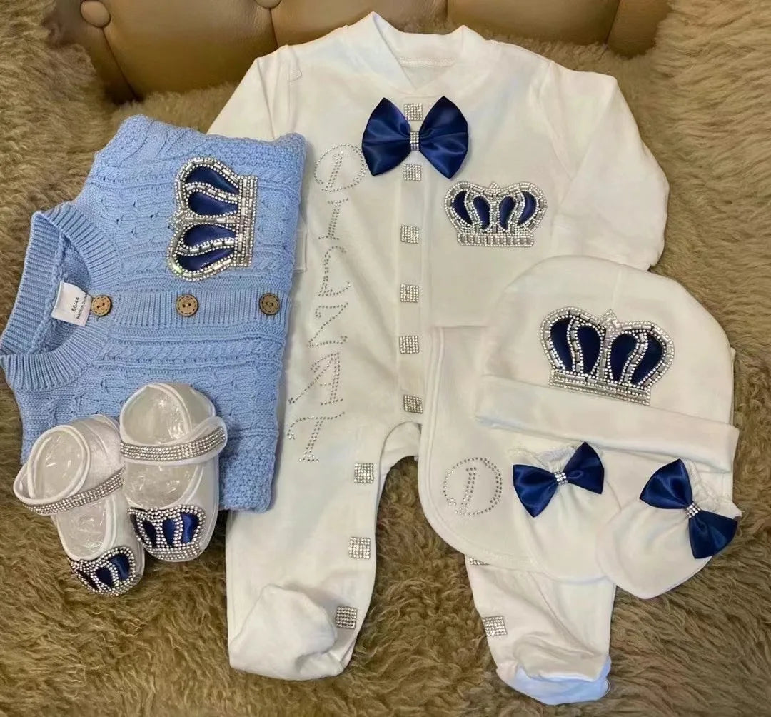 4pcs Take me Home Romper Set Baby Blanket Hat Gloves Shoes Set 39 week Pregnant Woman Photographyh Royal Crown Jewelry Suit