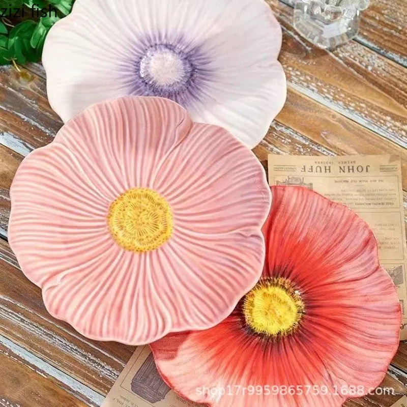 Pink Ceramic Flower Plate Dining Plates Decorative Bowl Dessert Plate Soup Bowls Water Cup Serving Plates Fruit Bowl Snack Bowls