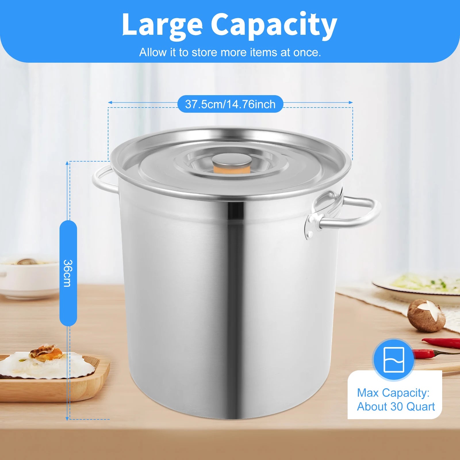 35L Cooking Pot Stainless Steel Large Capacity Stockpot Whole Clad Stock Pot Canning Sauce Pot Steamer Cookware for Restaurant