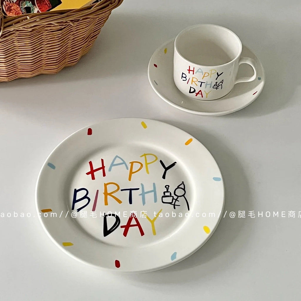 Korean Plate Designer Cute Happy Birthday Tableware Ceramic Coffee Cup Plate Dessert Cake Plate Cup Creative Birthday Gift