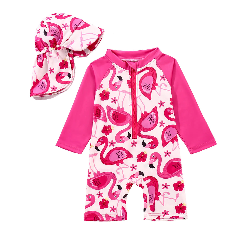 Baby Boys And Girls Cartoon Cute Full Printed Long Sleeved One-Piece Swimsuit + Swim Cap