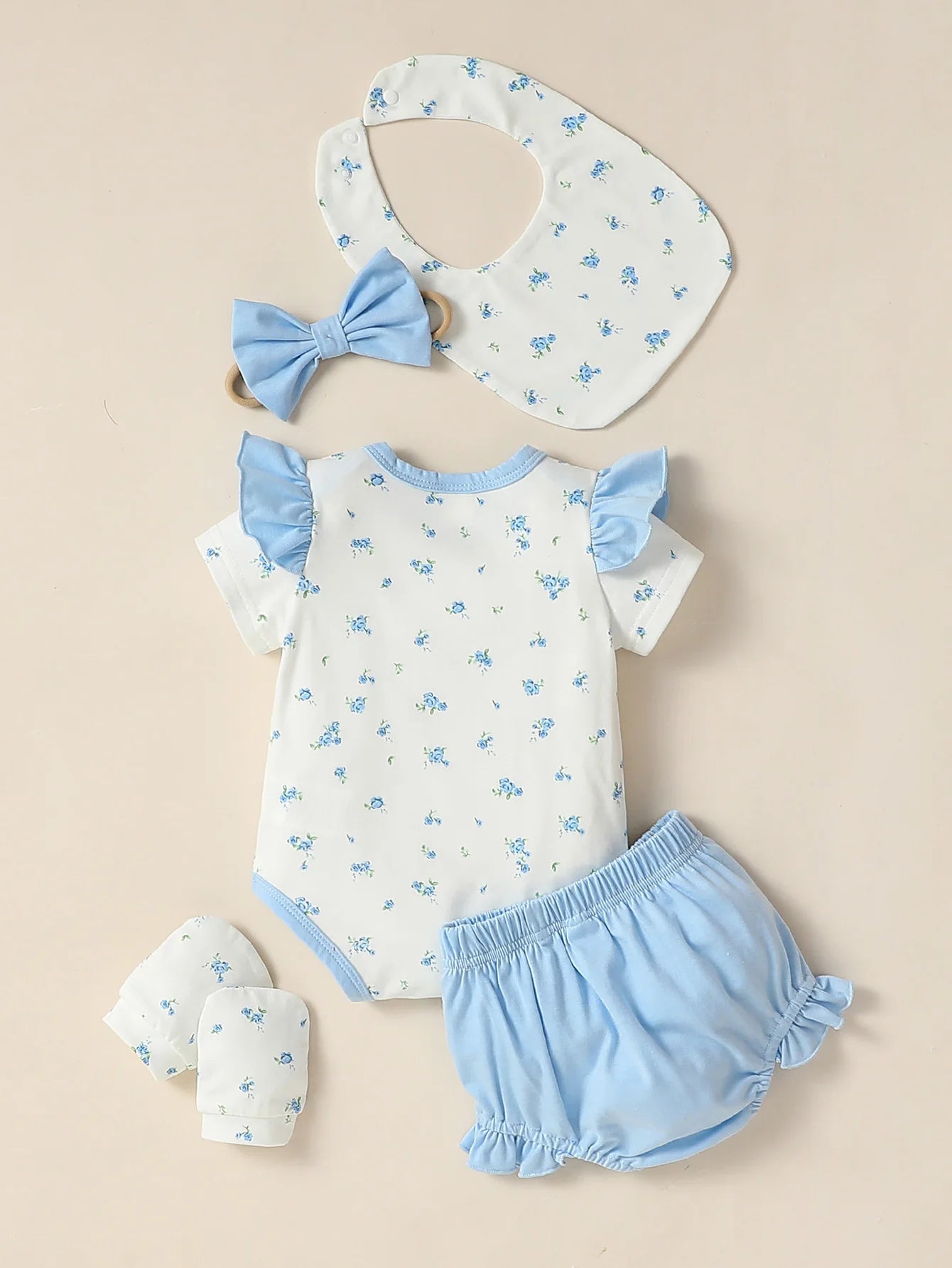 5PCS Girls Baby short Sleeve Printing Flower Cute For Daily BodySuit +Bow headwear+Bib+Gloves