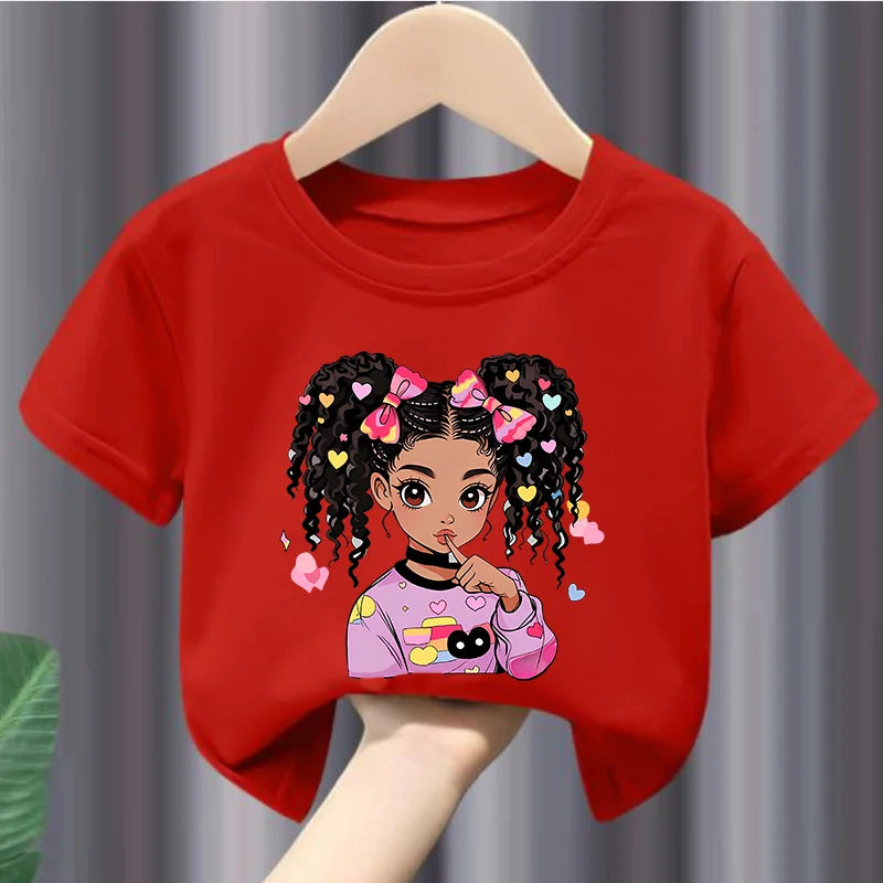 Colorful Cute BLACK GIRL Print Girls Soft and Stretchy Round Neck Short Sleeve T-shirt Kids Clothes Clothes Girls Clothes Bs