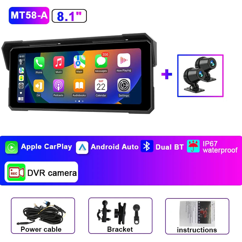 JMCQ Portable 8.1 inch IP67 Waterproof Motorcycle 4K DVR GPS Navigation Wireless Carplay Android Auto Moto Recorder Monitor