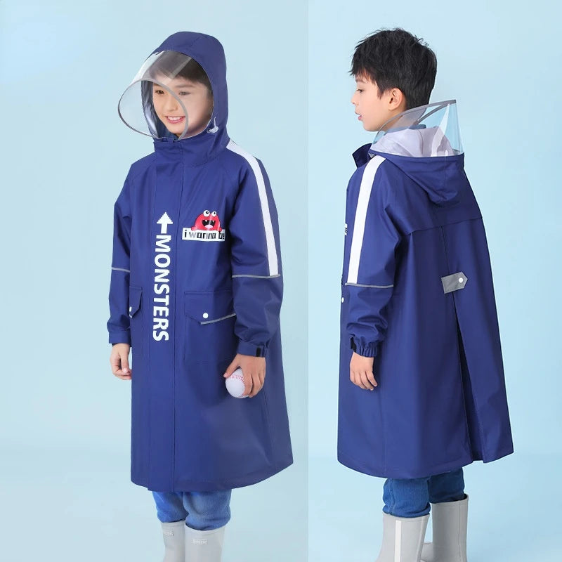Full body waterproof skin friendly thickened fabric children's raincoat with schoolbag for middle and primary school students