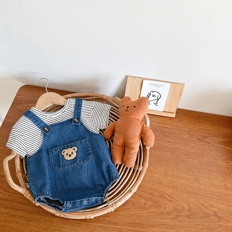 2024 Summer Cool Toddler Baby Clothing Set for Newborn Girls Striped T-shirt and Denim Bodysuits Overalls 2Pcs Boys Suits