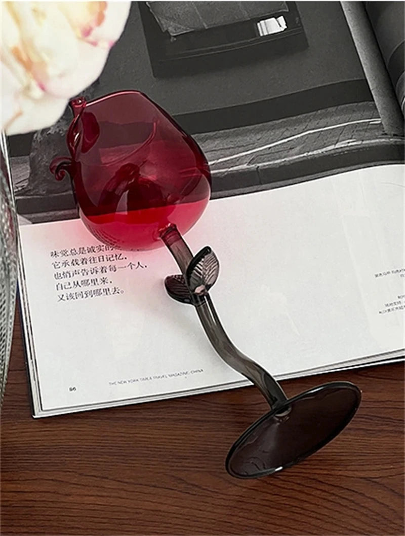 Rose Shape Transparent Glass with Transparent Leaf Cocktail Glass Valentine's Wedding Table Decoration Gift Wine Cup