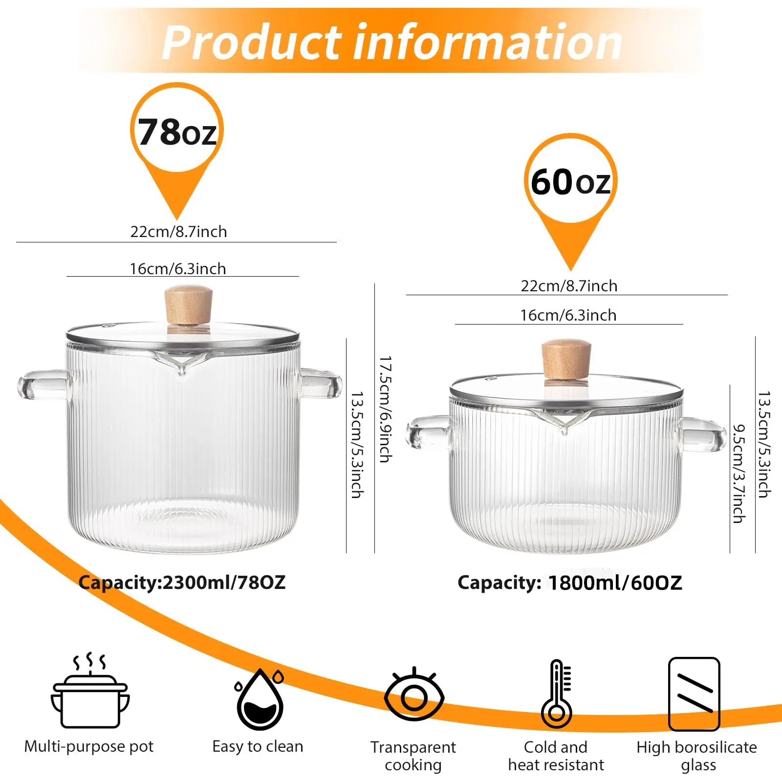 KEMORELA 1/2PCS Cooking Pan Simmer Heat Resistant Clear 1.8/2.3 L Saucepan with Cover Handle Pan with Lid for Pasta Salad Noodle