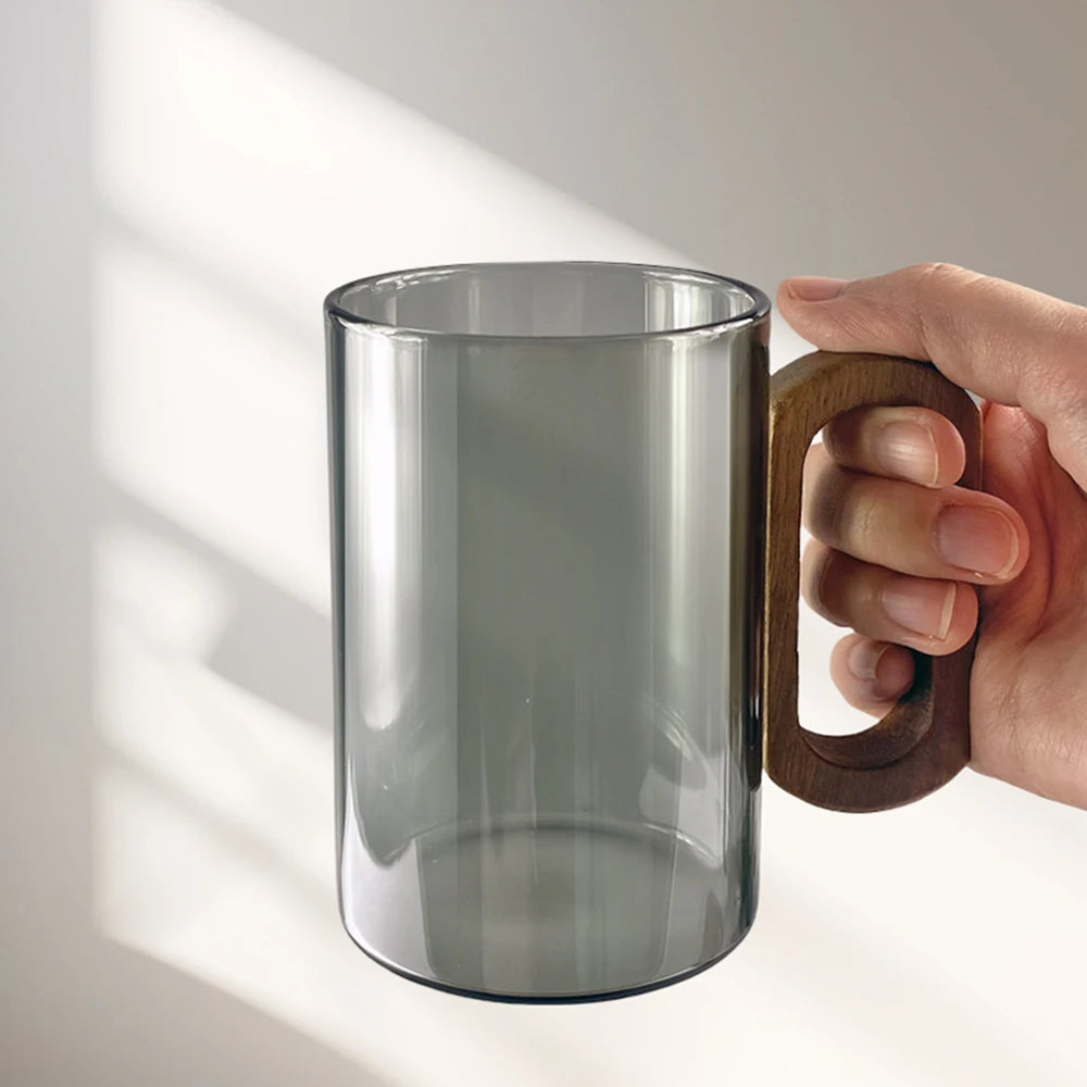 Household High Borosilicate Glass Water Cup Living Room Cigarette Ash Colored Wooden Handle Cup Walnut Empty Vertical Tea Cup