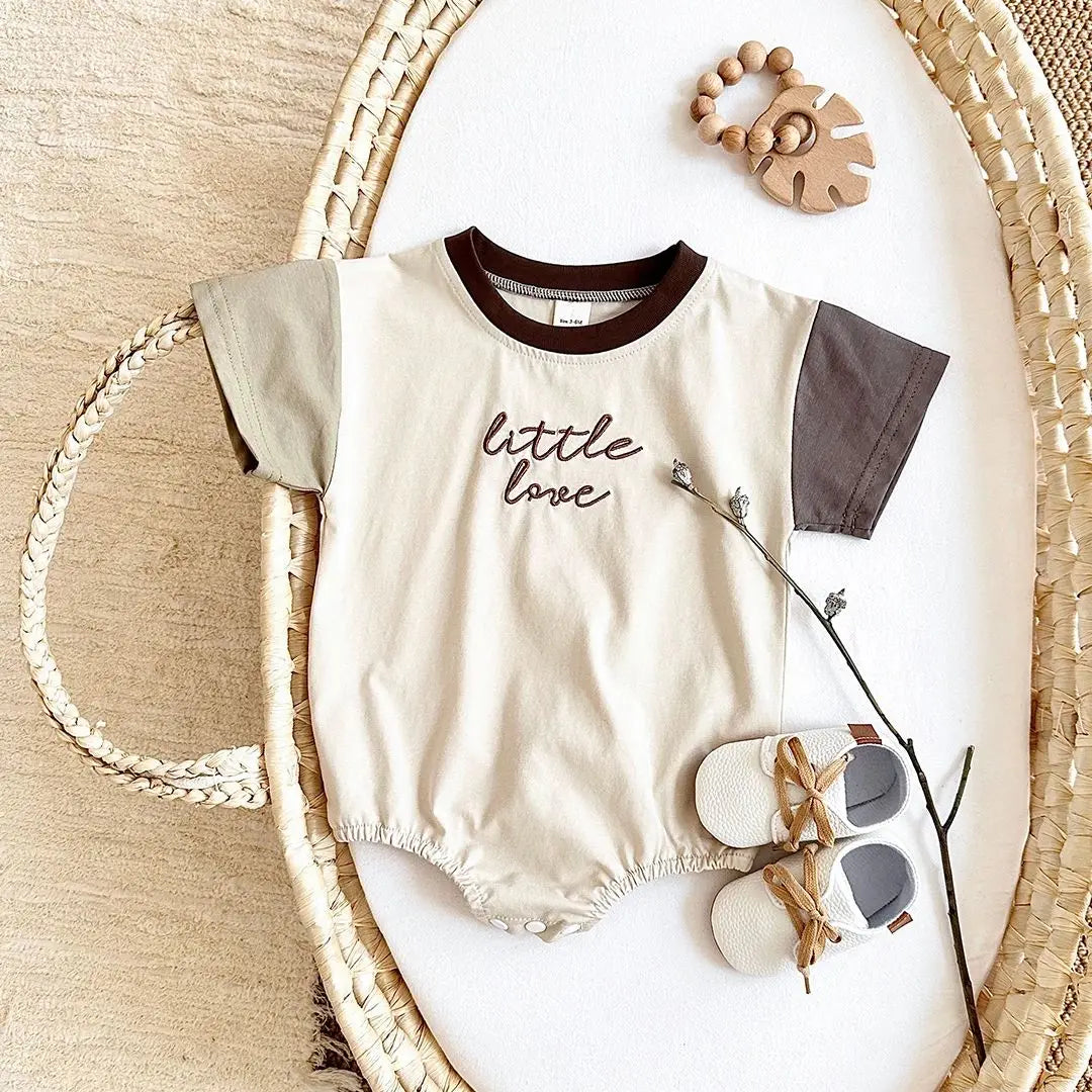 INS Newborn Girls Romper Short Sleeved Letter Embroidered Color Block Jumpsuit Baby Boys Clothes Summer Infant 0-18M
