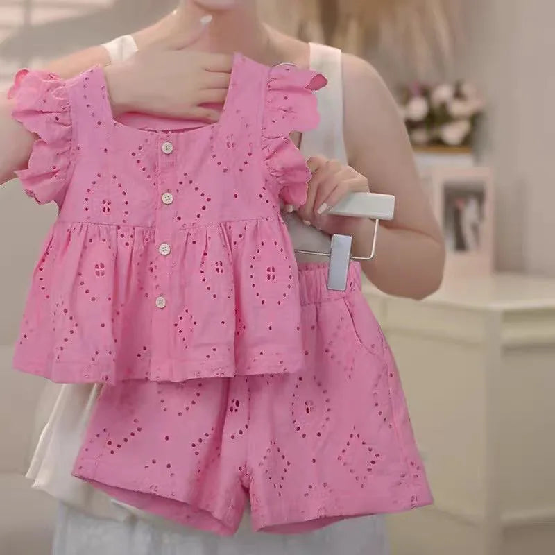 New Korean style girls' summer pink cotton suit baby hollow small flying sleeve top + shorts two-piece sweet baby girl suit
