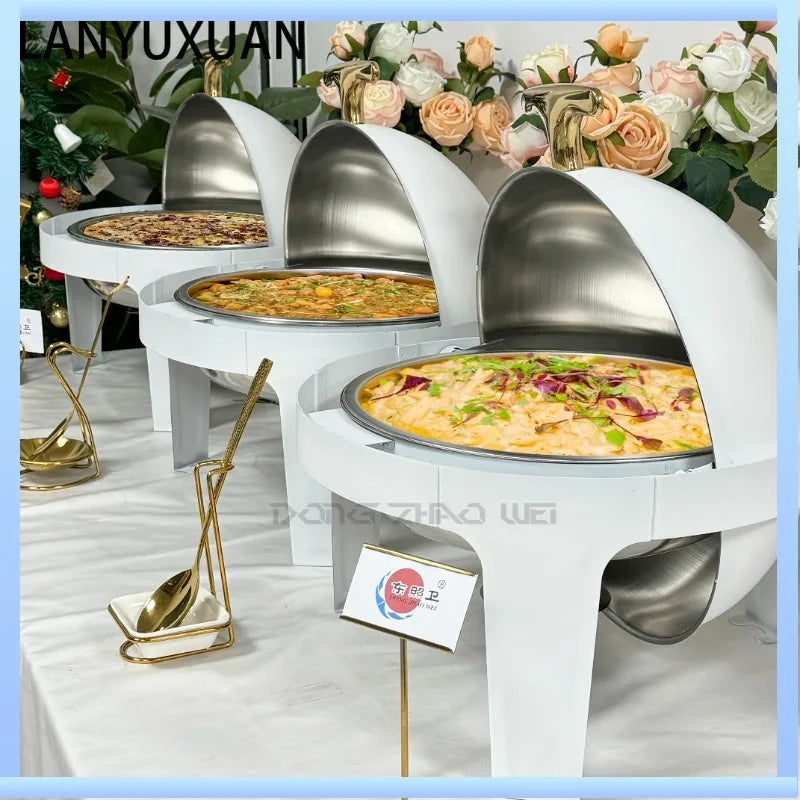 Luxury Top Selling White 6L Stainless Steel Chafing Dish Round Food Warmer Metal Cheffing Stove Chafer for Hotel Buffet Party