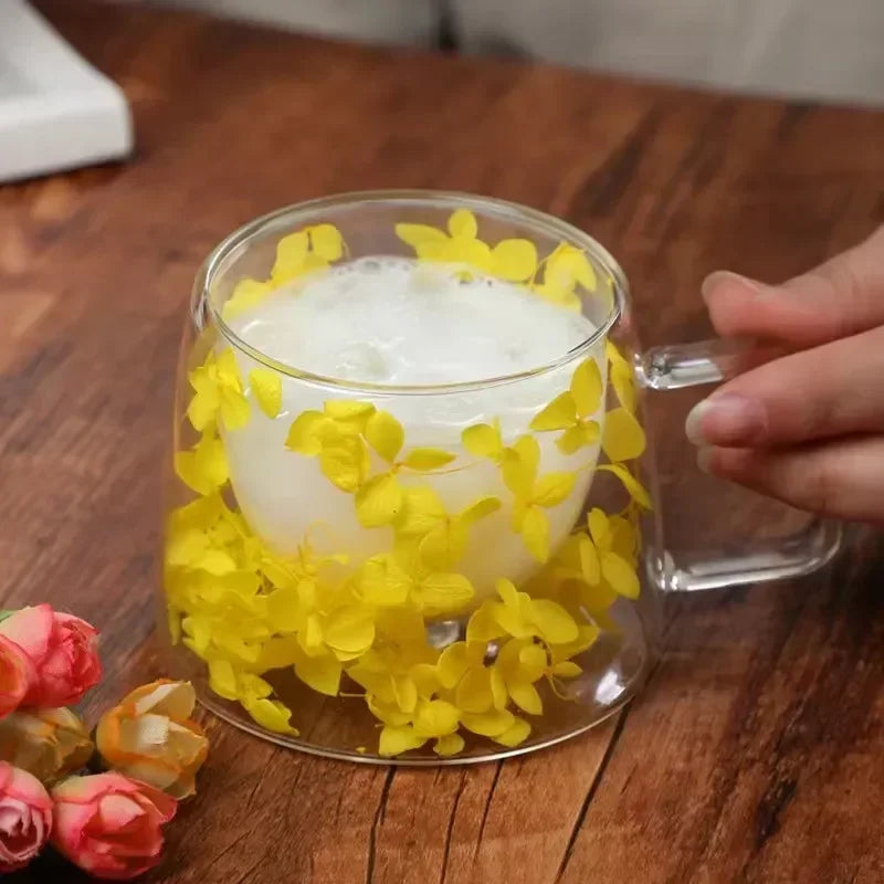 200ml Double Wall Coffee Mug with Handles Transparent Flowers Clear Milk Cups Fill Artificial Simulation Drinkware Glass for Bar