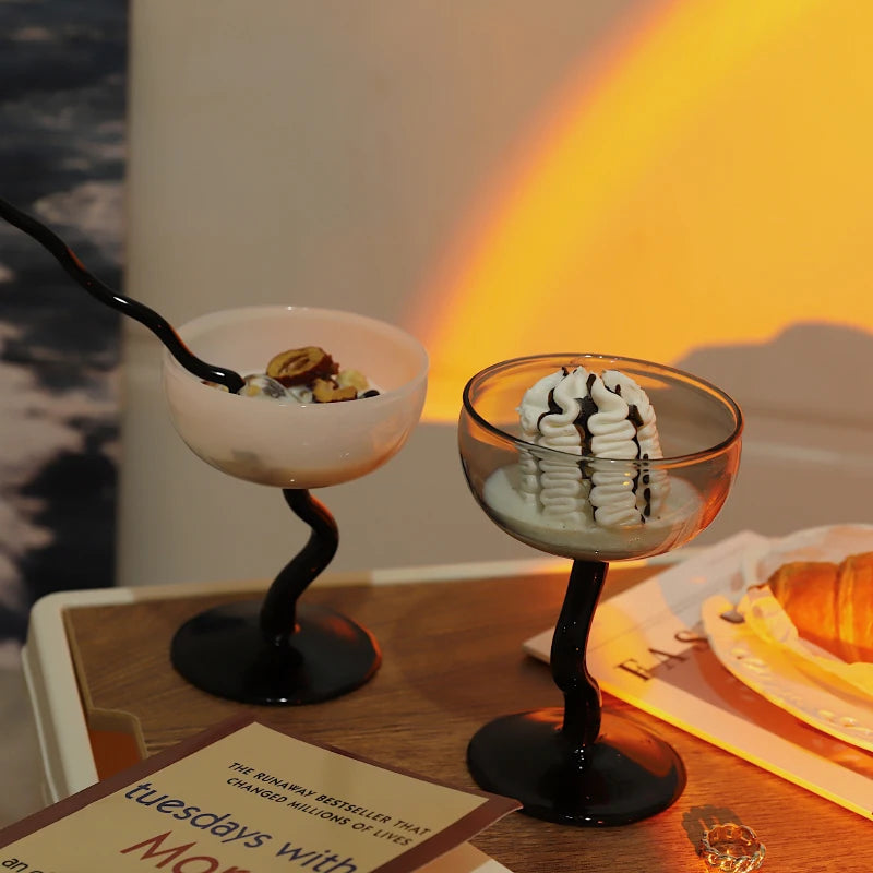 Round Bowl Goblet Dessert Glass Mug S-shaped Cup Stem Ice Cream Bowl Cup Milkshake Dessert Cup Colored Borosilicate Glass