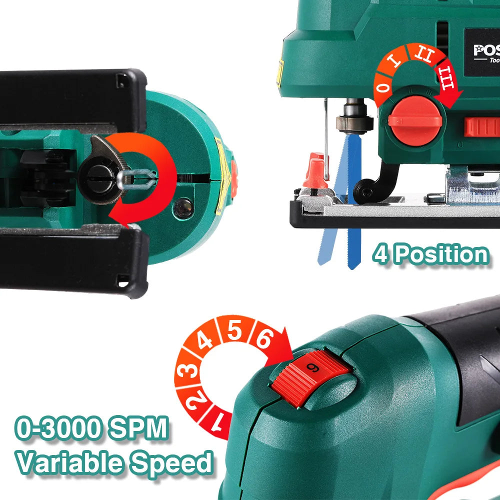 800W Jigsaw 6 Speeds 4 Orbital Positions Quick Blade Change Dust Blow Function ±45° Cutting Angle Includes Dust Pipe Guide Ruler