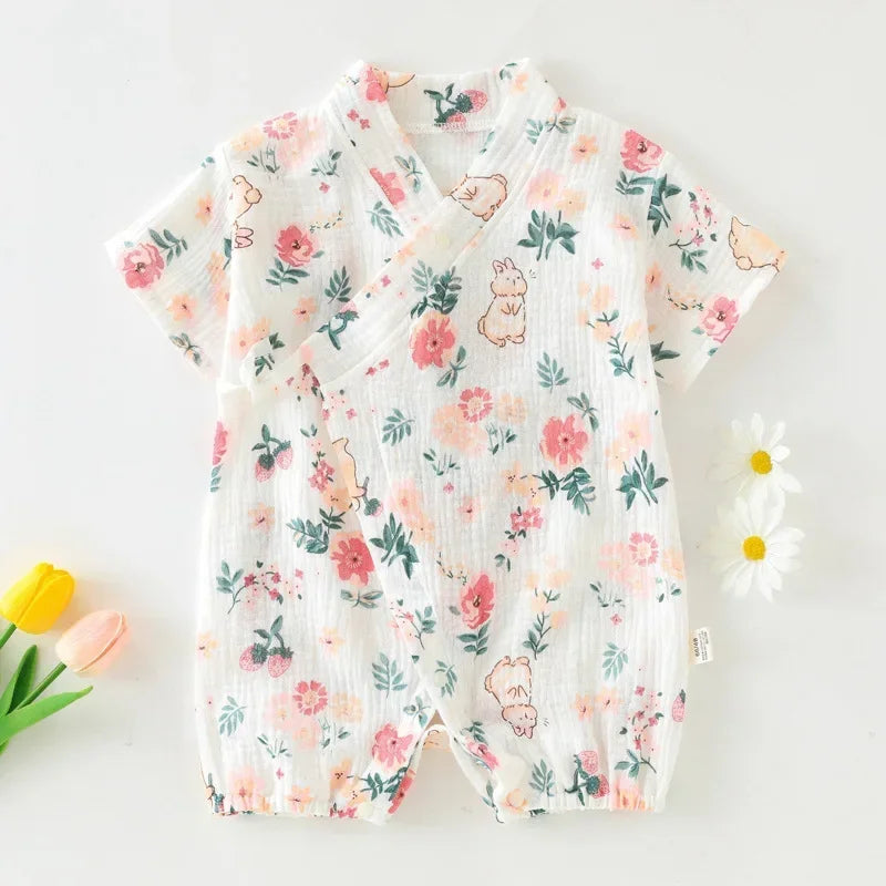 Girls Baby Summer Short-sleeved Jumpsuit Kids Gauze Cotton Full Print Romper Clothes Newborn Pajamas 0-18M