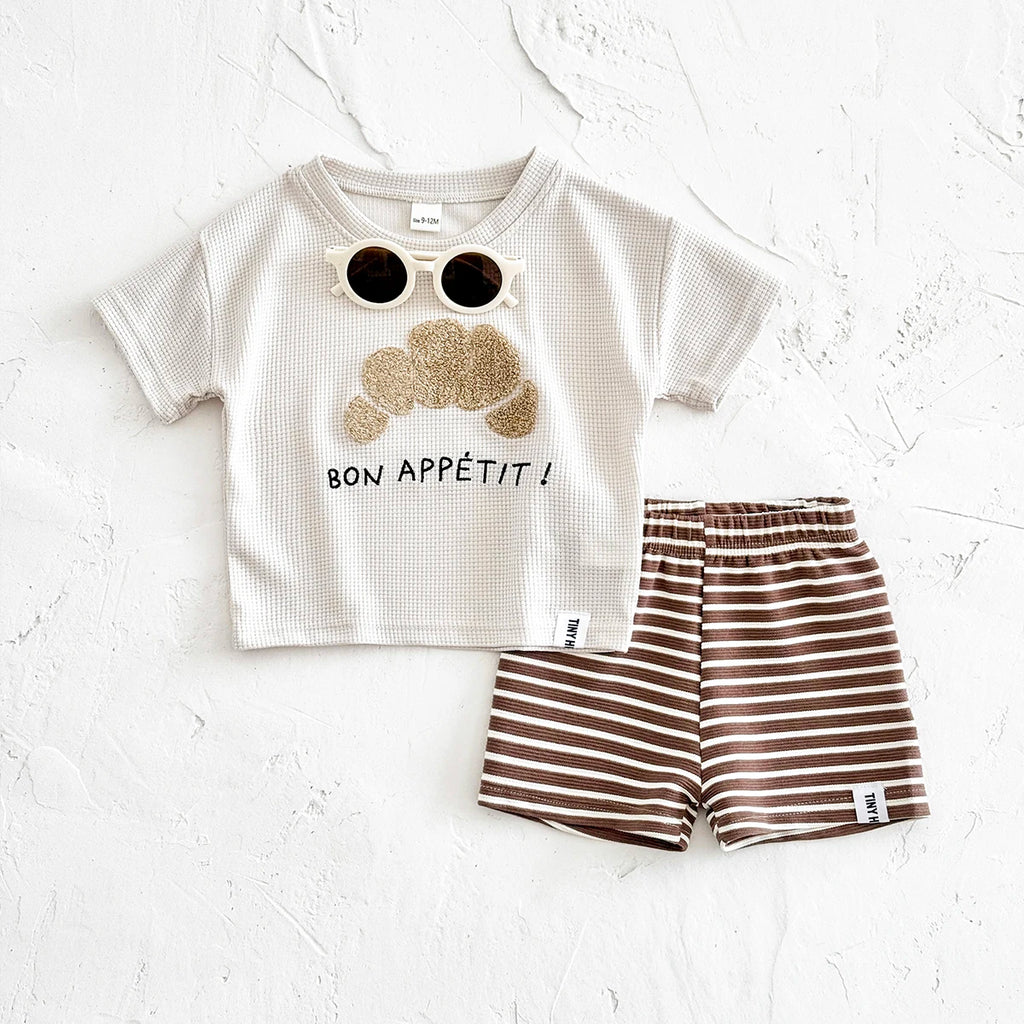 2025 Summer Korea Baby Boys Suit Waffle Cookies Towel Patchwork T-shirts+Shorts Girls Casul Infant Sets Toddler Clothes 2Pcs/Set