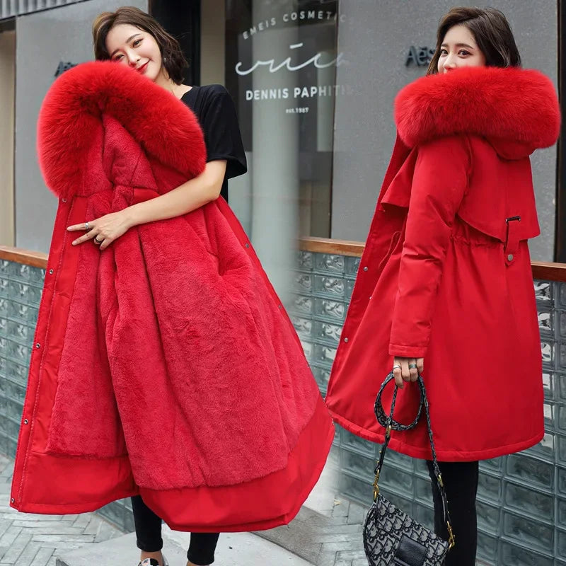 2024 New Women's Winter Parka Jacket, Long Coat with Wool Lining, Hooded Jacket with Fur Collar, Thick Warm Snow Wear, Fashion Parka