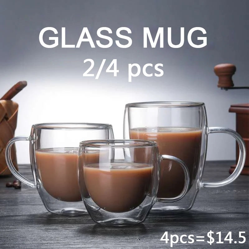 2/3/4Pcs Double Wall High Borosilicate Glass Mug Heat Resistant Tea Milk Lemon Juice Coffee Water Cup Bar Drinkware Lover Gift