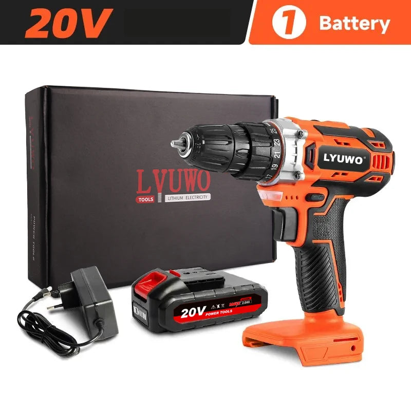 20V Cordless Drill 40N.m 25 Plus 1 LYUWO Electric Screwdriver Keyless Chuck Two Gear Speed ​​Wireless Power Driver Battery Tools