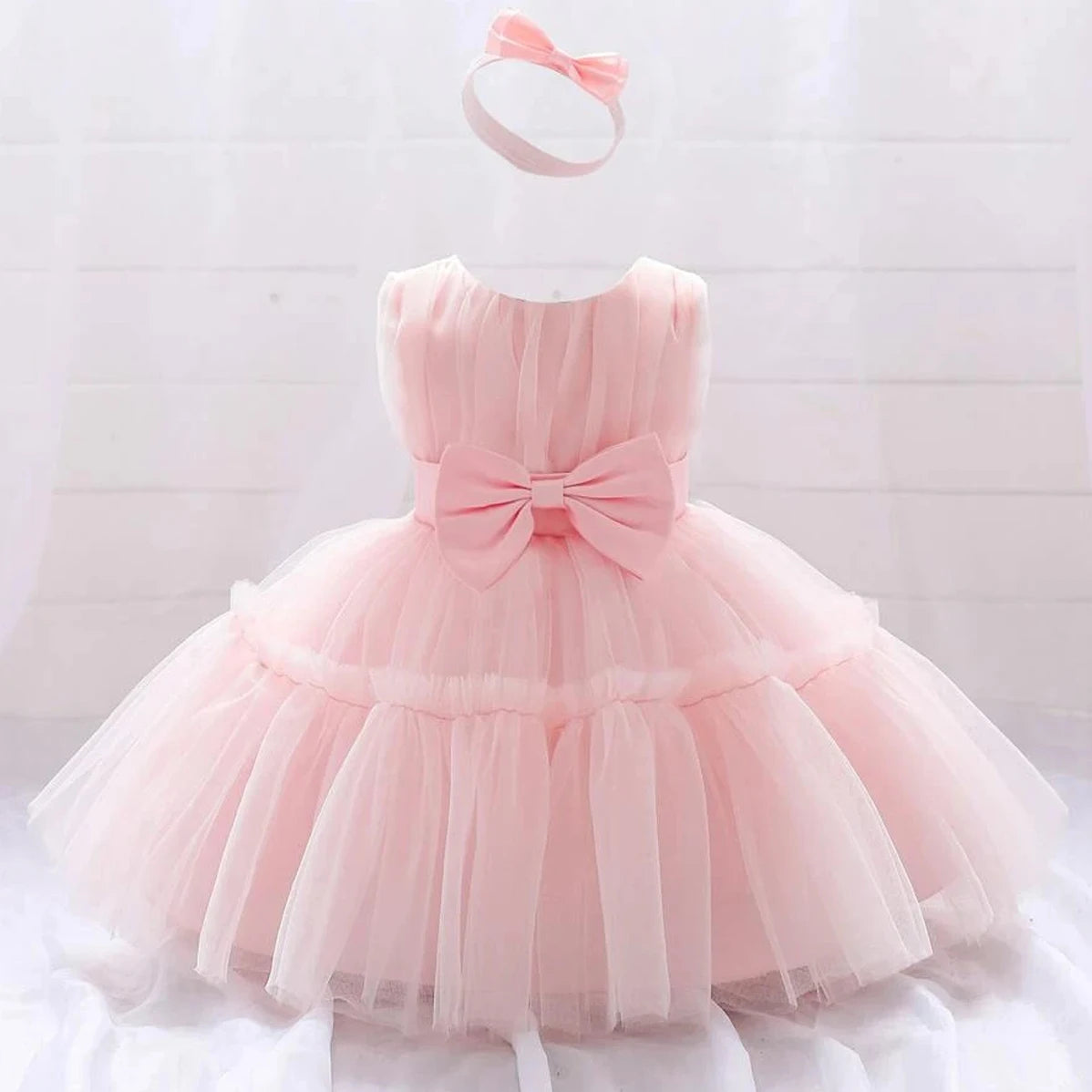 Baby Pleated Girl Princess Dress Outfit Infant White 1st Birthday Baptism Dress Toddler Bow Party Wedding Prom Gown Baby Clothes