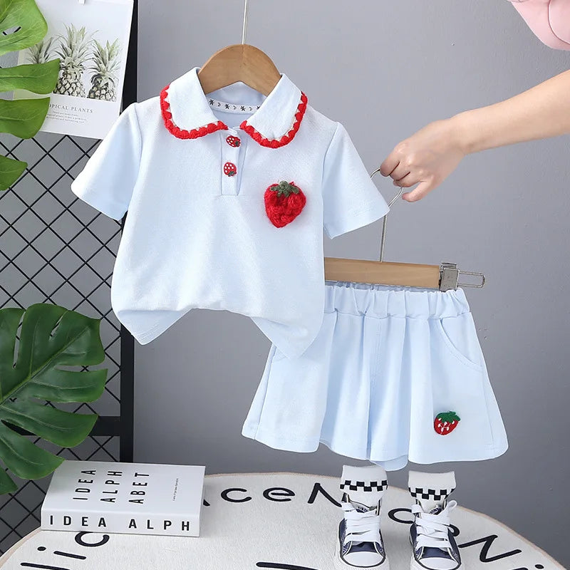 MILANCEL New Summer Kids Clothes Set Girls Cute Strawberry Polo Shirt +Shorts Children Doll Collar Outwear 2PCS