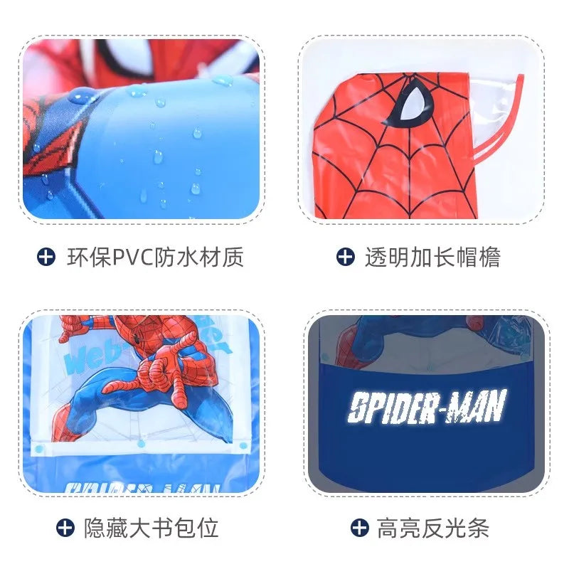 Disney Kids Raincoat Waterproof Children Elsa Spider-Man Rain Poncho Rain Coat Jacket with Backpack Student Rainwear