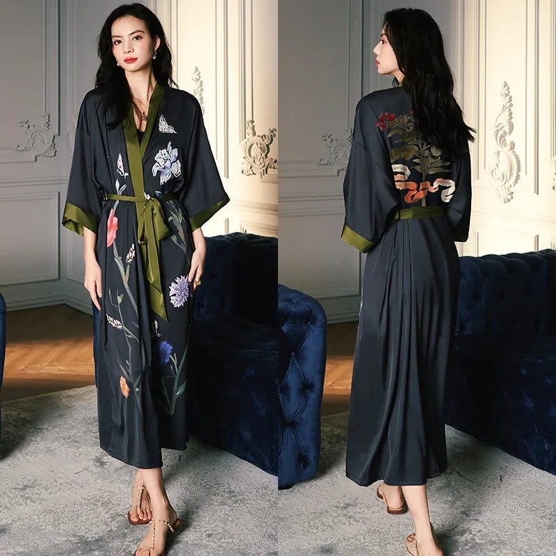 New Spring Summer Female Long Robe Nightgown Sexy Print Flower Kimono Bathrobe Gown Casual Silk Satin Home Dress Lounge Wear