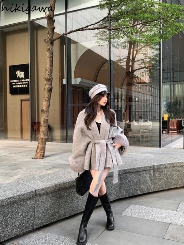 Fashion Coats Women Patchwork Furry Long Sleeve Bandage Outwear Korean Y2k Clothing Slim Waist Temperament Solid Color Jackets