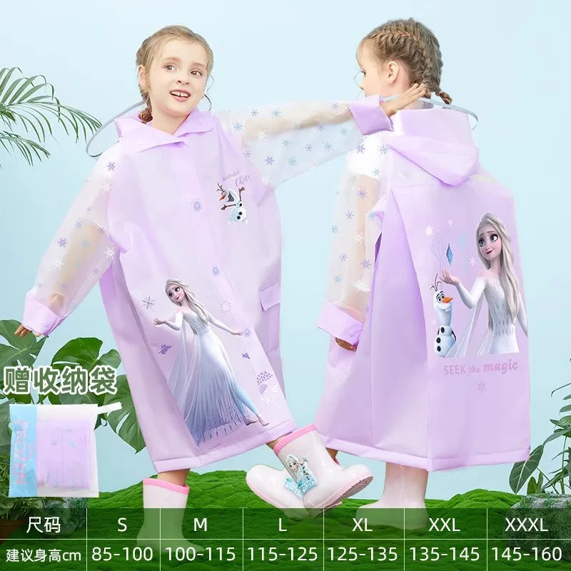 Disney Kids Raincoat Waterproof Children Elsa Spider-Man Rain Poncho Rain Coat Jacket with Backpack Student Rainwear