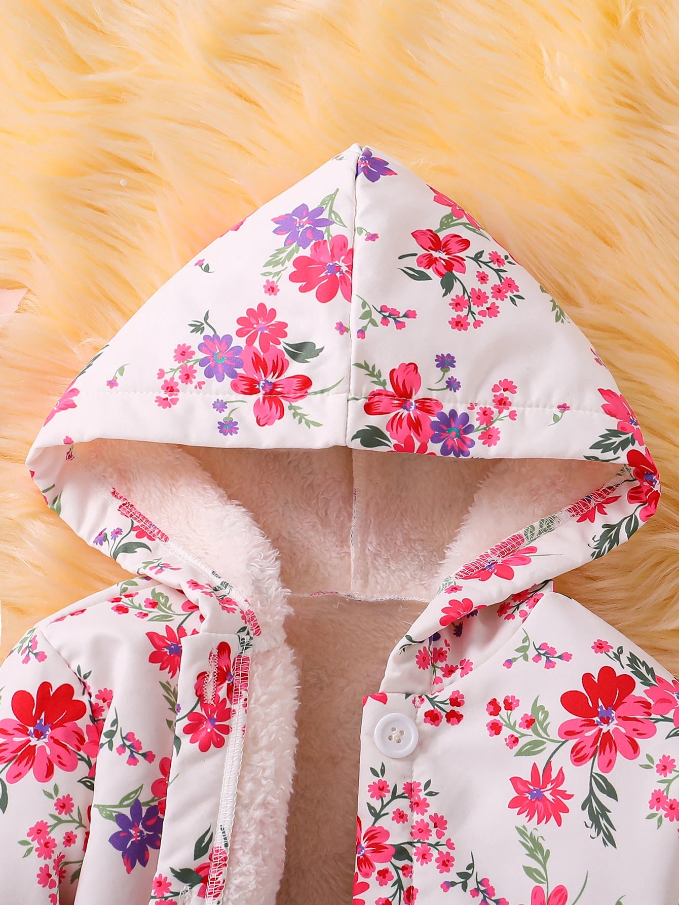 Fall/Winter Girls' Fleece Hooded Single-Breasted Floral Print Coat Holiday School Thermal Jacket Top