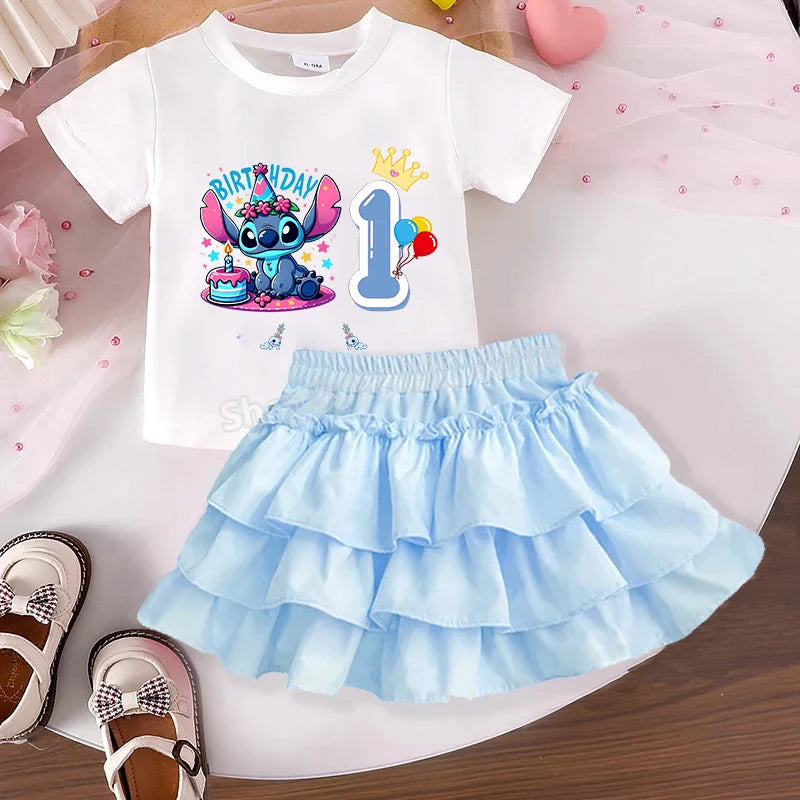 Disney Stitch Birthday T-shirt Dress Set for Children Customized Name Tee Top Girls Clothes Skirts 2pcs Suit Short Sleeve Gift