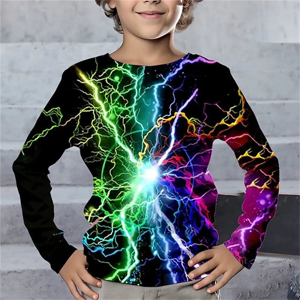 Children's Clothing Tshirt for Kids Boys 9 to 14 Lightning Geometry Long Sleeve T-Shirt Boy One Piece Casual Top High Child Tees