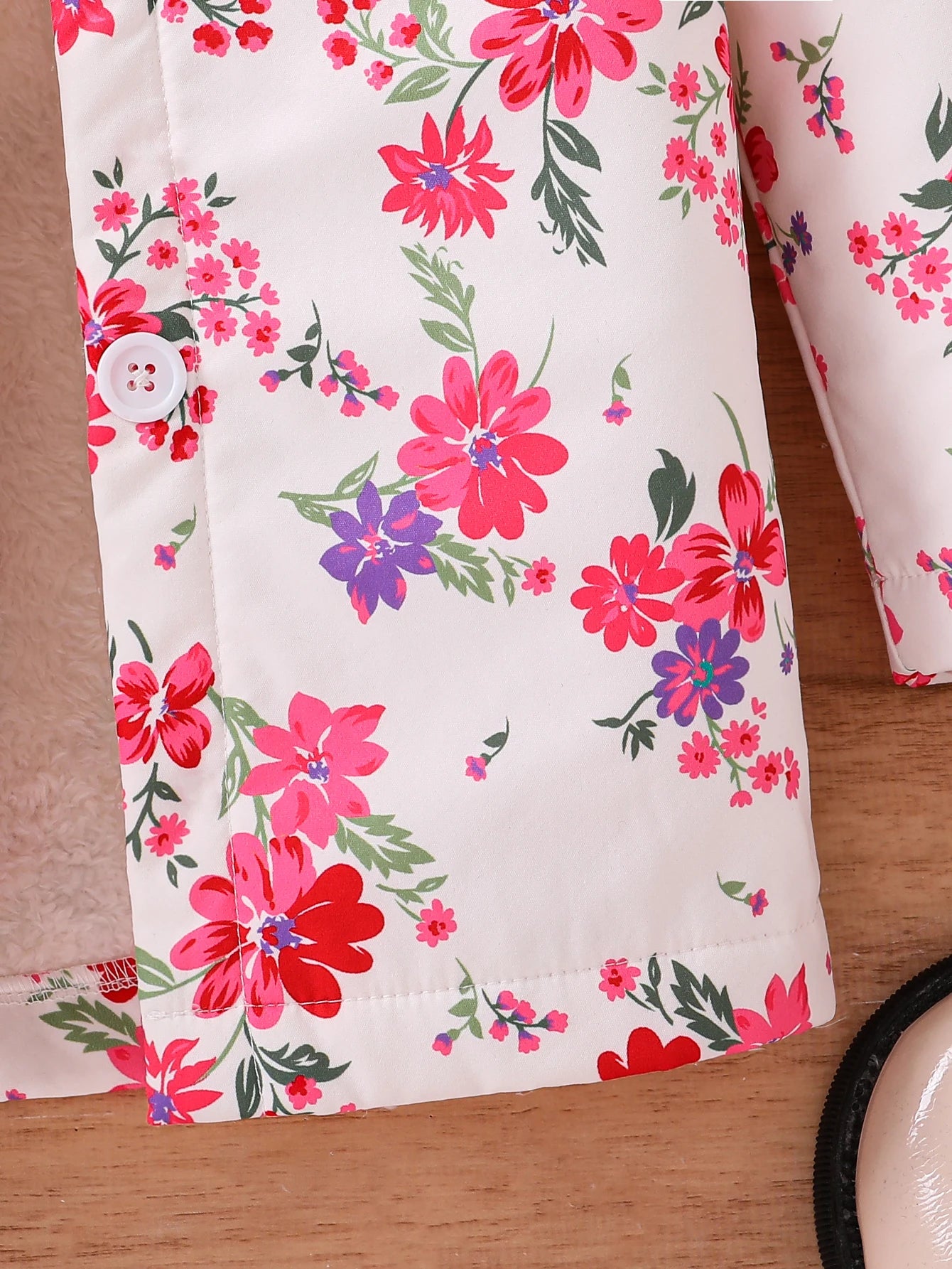 Fall/Winter Girls' Fleece Hooded Single-Breasted Floral Print Coat Holiday School Thermal Jacket Top