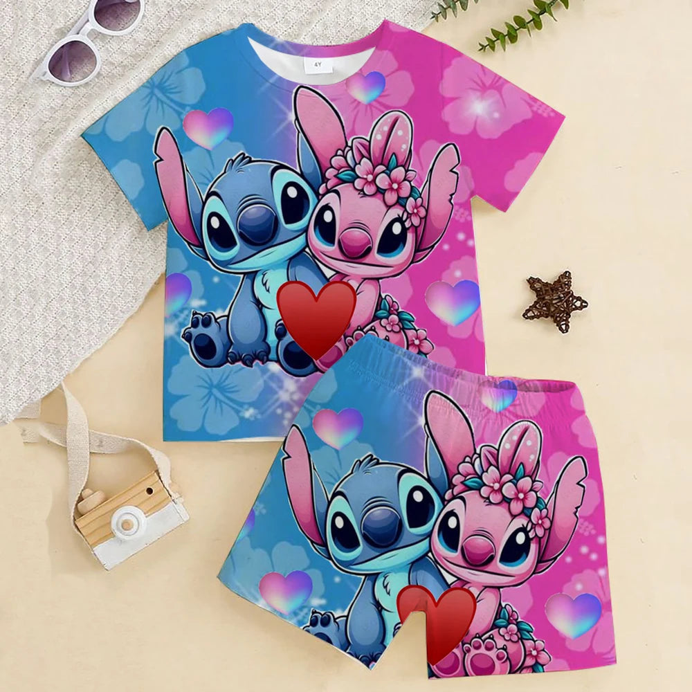 Stitch Children Clothes Round Neck T-shirts+ Shorts Sets Suitability 2-12 Years Boys Girl Casual Summer Short Sleeve Anime Print