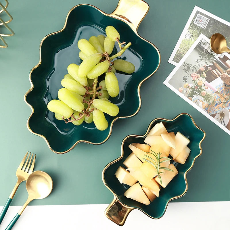 Nordic Light Luxury Plate Storage Plate Home Creative Breakfast Plate Tableware Golden Edge Double Ear Plate Kitchen Supplies