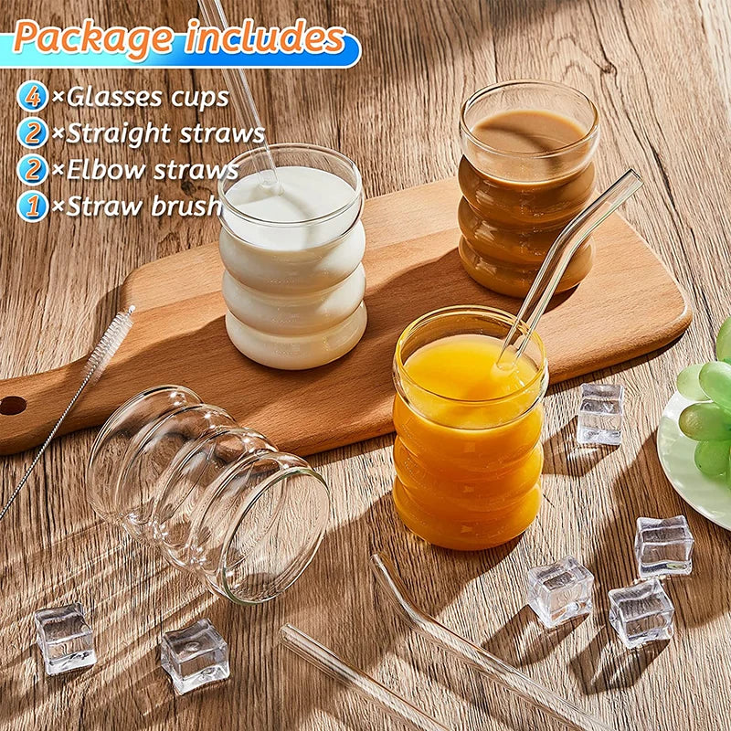 4 Pcs Creative Glass Cups Cute Ripple Shaped Vintage Drinking Glasses Ribbed Glassware with Straws Set for Kitchen Coffee Juice