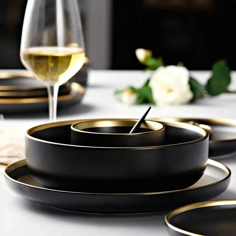 Porcelain Dinner Plates Dishes Plates and Bowls Set Black Tableware Set Food Plate Salad Soup Bowl Dinnerware Set for Restaurant