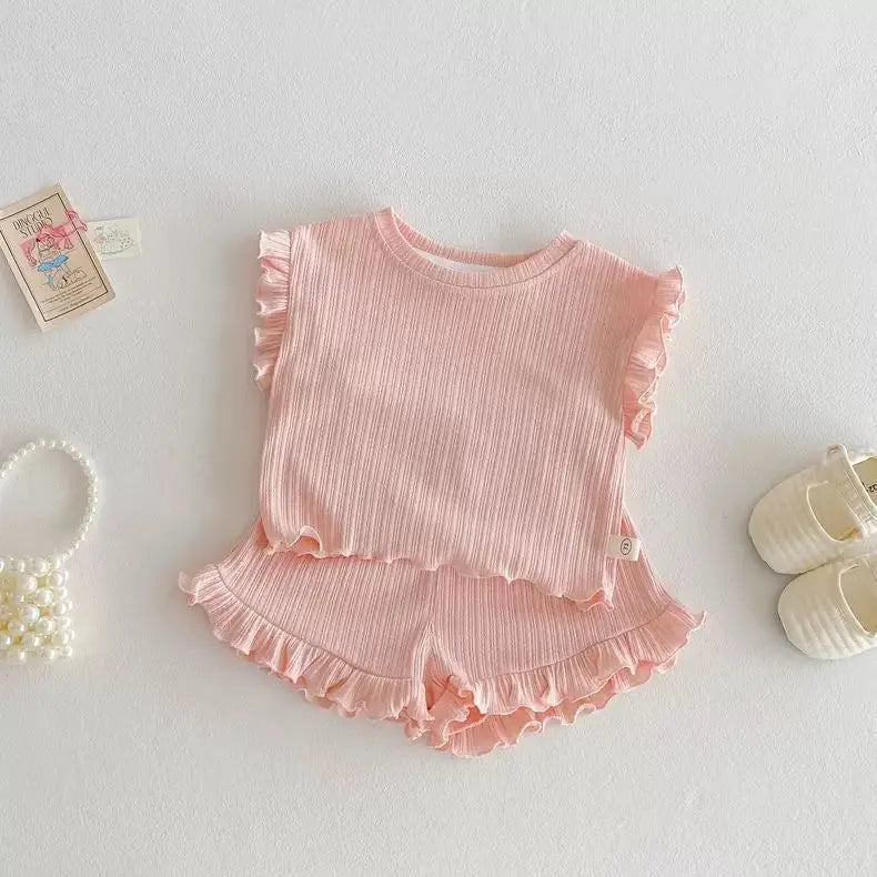 Summer Baby Girl Top and Shorts Set Solid Color Girls' Short Sleeve Shorts Two Piece Set Baby Girl Clothes